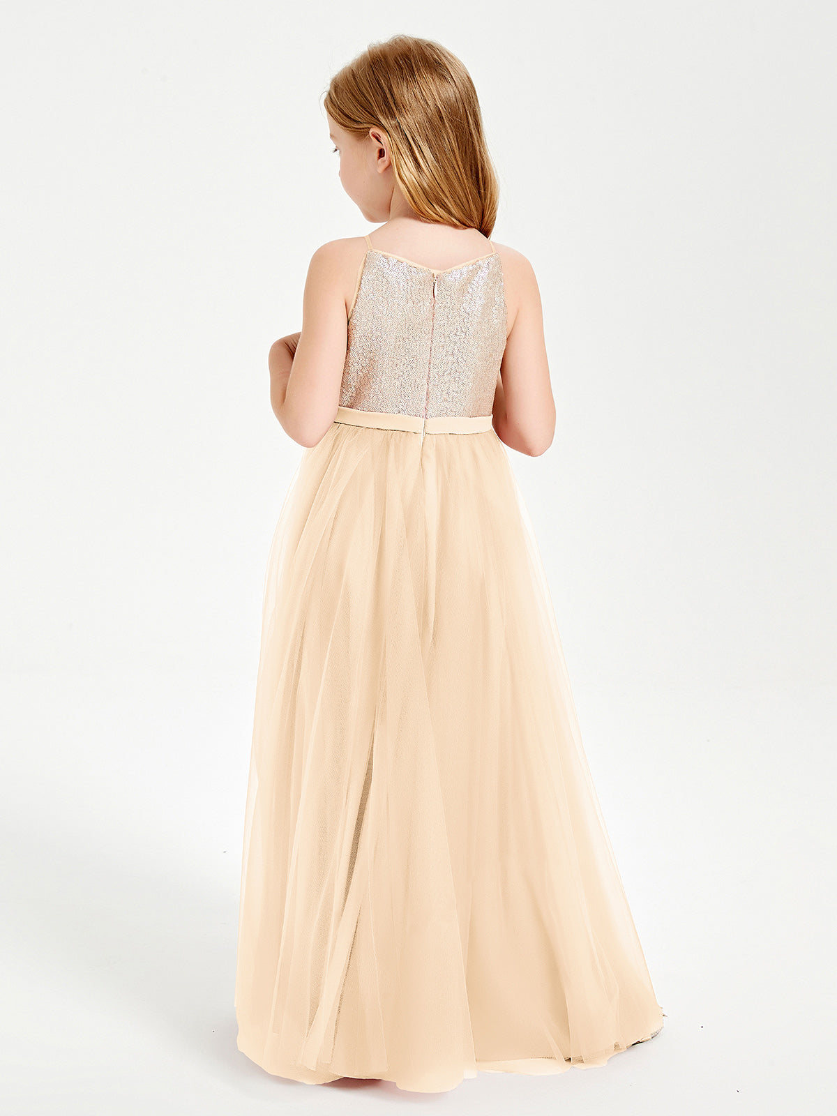 Sequined Top Long Tulle Junior Bridesmaid Gown Peach